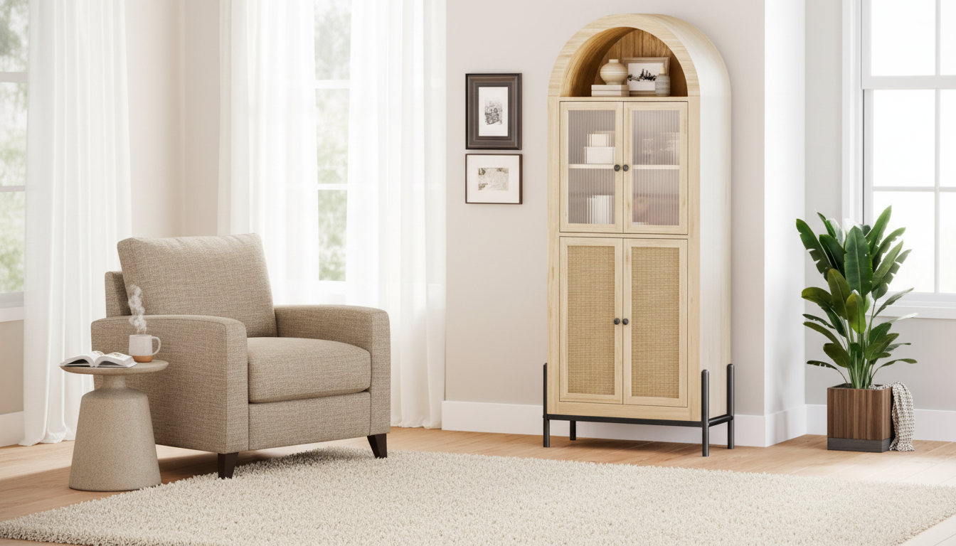 65-Inch White Arched Cabinet with Reeded Glass Door