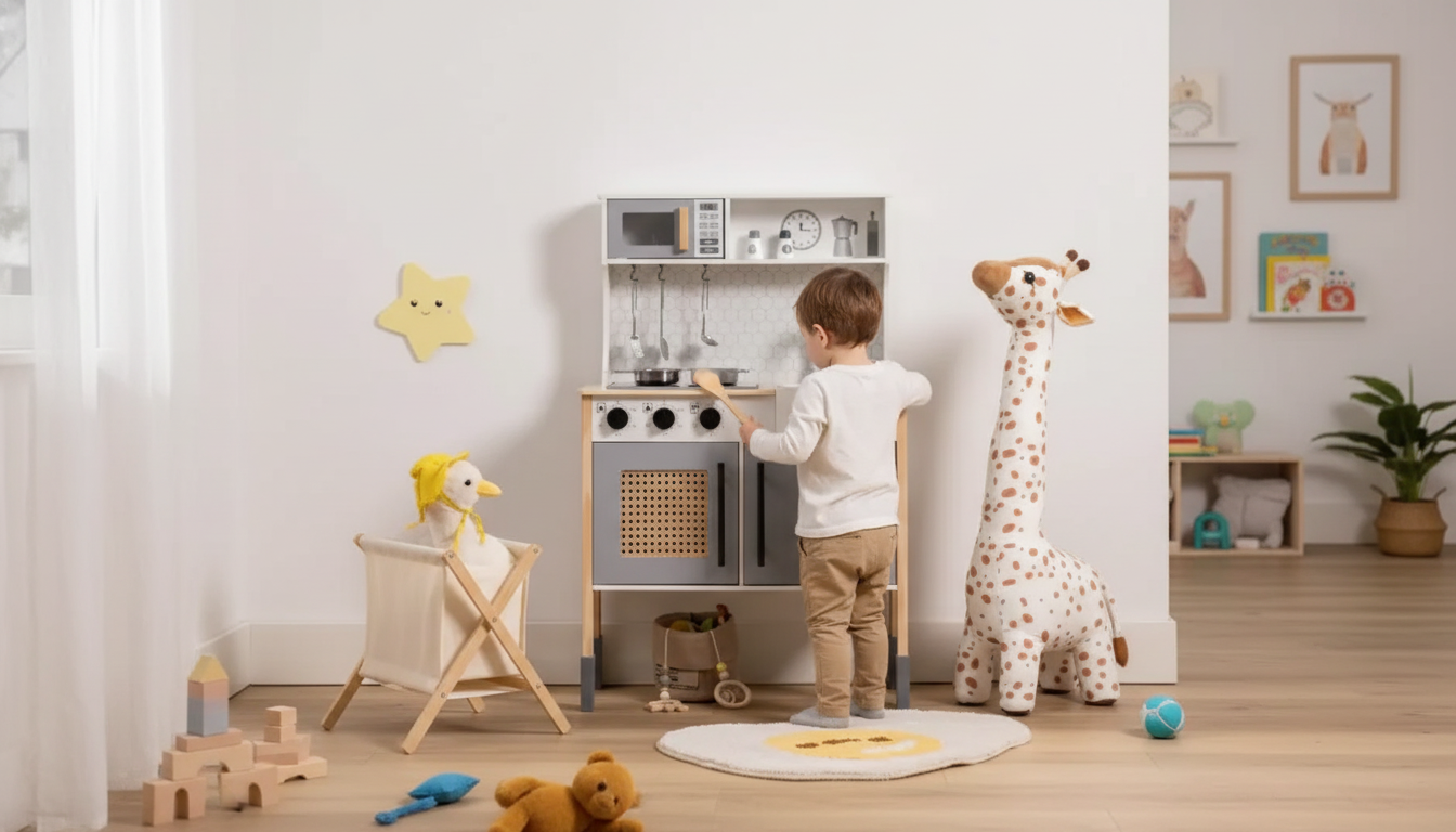Classic Gray Wooden Play Kitchen for Realistic Pretend Play