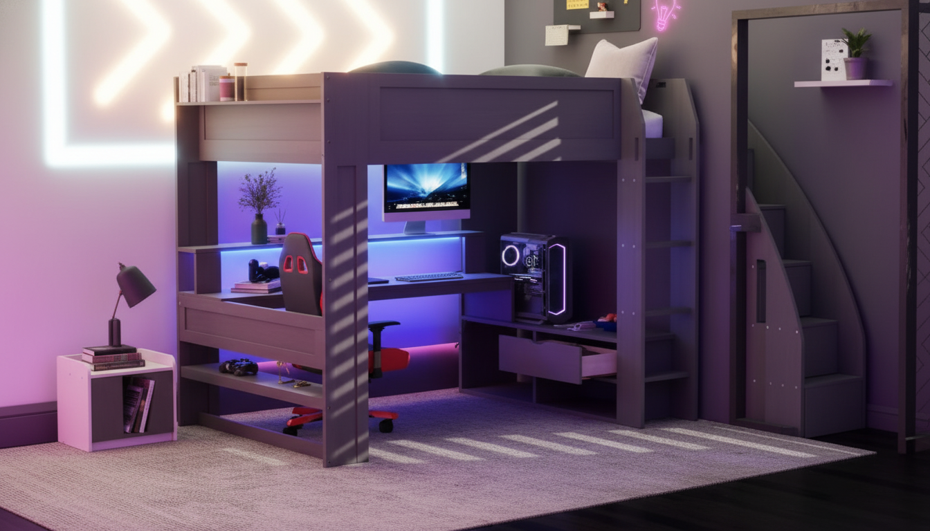 Full-Size Loft Bed with Desk, Shelves, LEDs & Charging