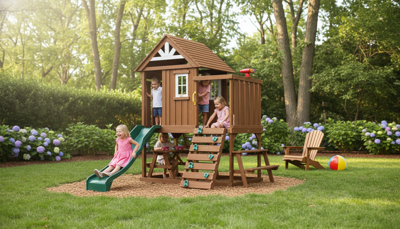 Modern Wooden Outdoor Playhouse: Safe Fun for Ages 2–8
