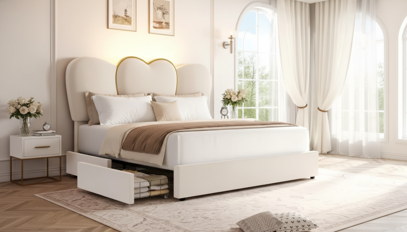 Queen Velvet LED Bed Frame: Heart Headboard + 4 Drawers