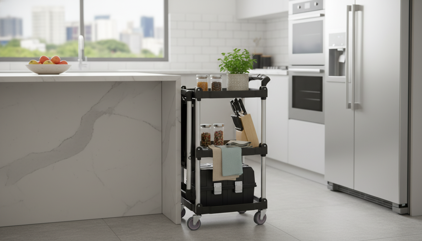 Slim 3-Tier Folding Rolling Cart for Kitchen & Bath