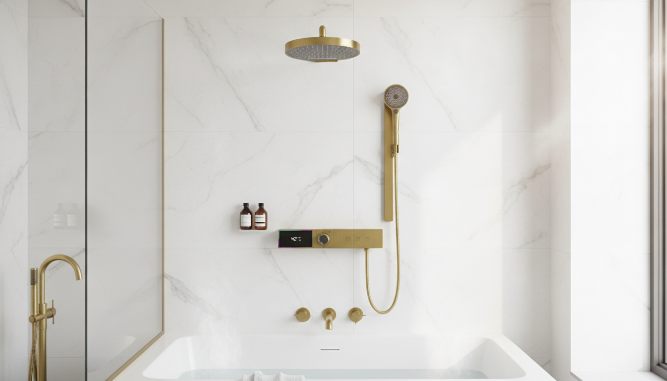 Brushed Gold Brass Shower System with LED Temp Display
