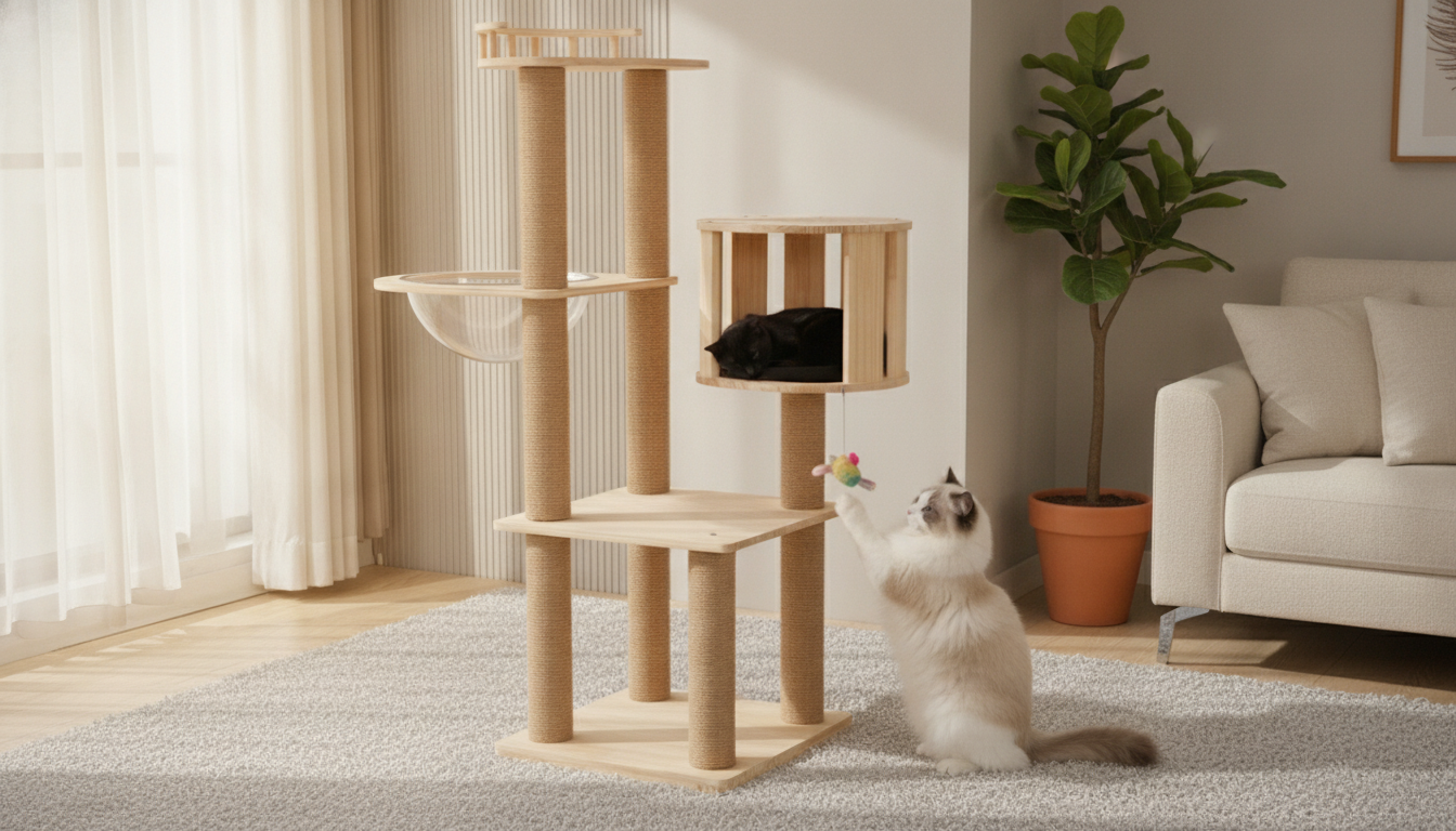 Solid Wood Multi-Level Cat Tree: Scratch Posts & Toys
